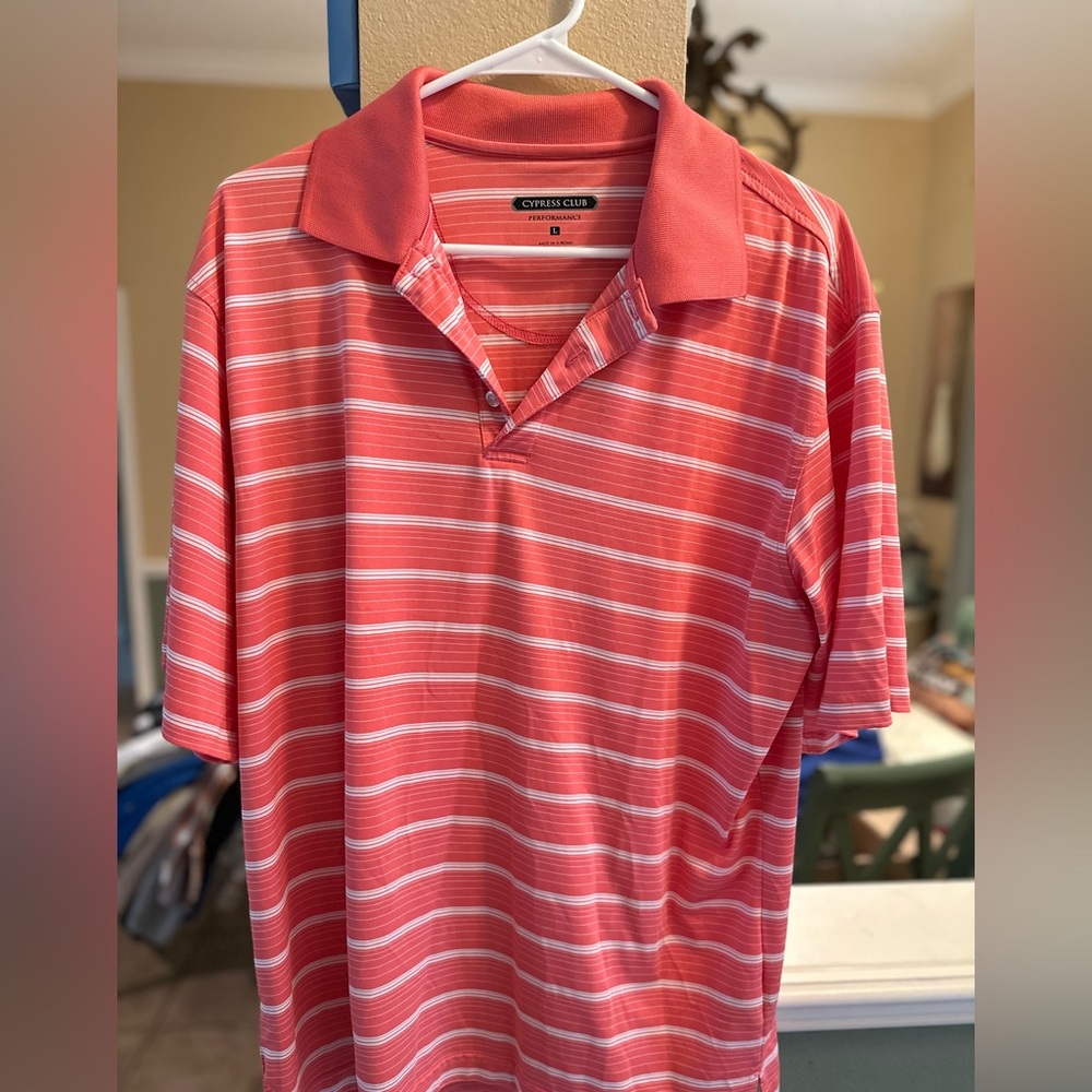 Cypress Club Polo Shirt, Salmon Color, Stripes, Large